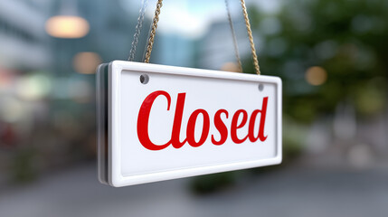 Closed sign with a red font on glass door of shop, close up view.