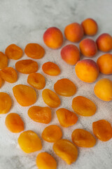 Apricot and dried apricot on a white background