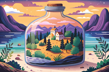 Landscape Inside a Glass Bottle cartoon Surreal Miniature World Concept