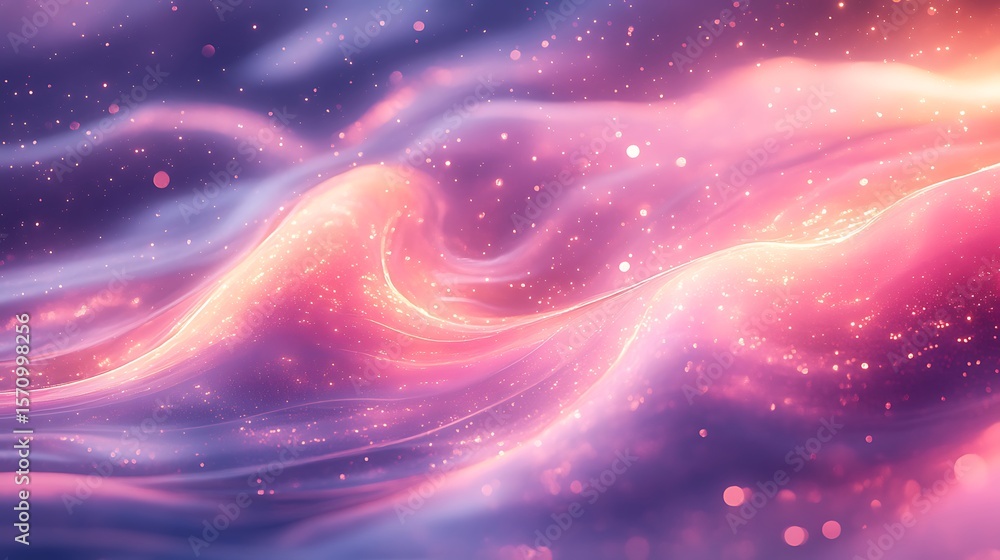 Poster abstract ethereal waves with glowing particles: dreamy, soft light, gradient color, and elegant text