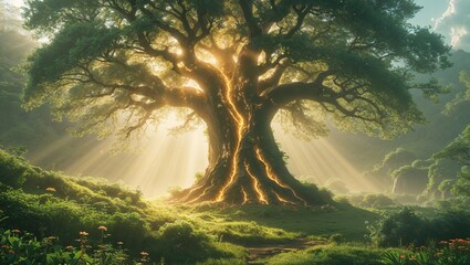 Bathing ancient tree, golden sunlight filtering through misty clearing, with glowing trunk fissures