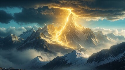 Displaying central mountain peak splitting storm clouds in remote alpine range, with golden fissure