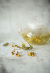 Brewed linden tea in teapot and cup on white background
