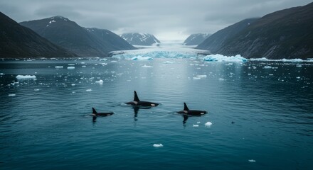 Obraz premium Orcas Swimming in Glacial Fjord