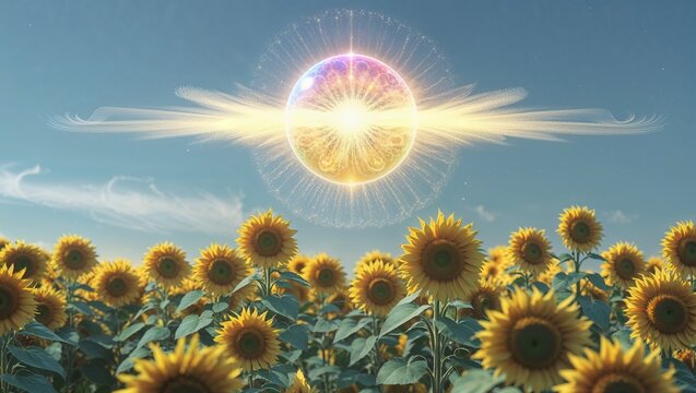 Radiating luminous orb sending horizontal beams above sunflower field, with dense yellow petals - Powered by Adobe