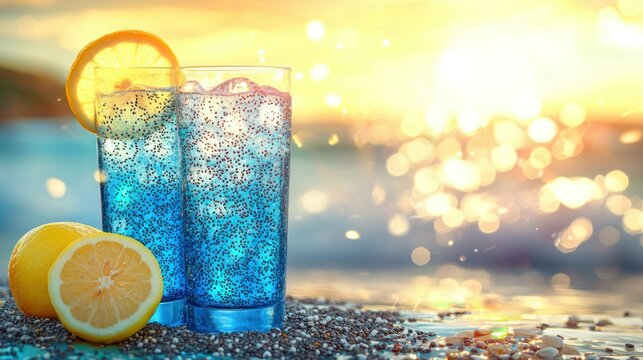 Two bright blue lemon drinks on beach by sparkling ocean