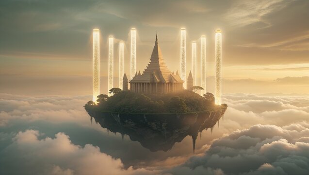 Floating rocky island hovering above cloud sea at sunset, with temple roofs and glowing pillars - Powered by Adobe