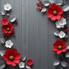 Elegant Floral Frame of Red and White Paper Flowers on Light Gray Wood
