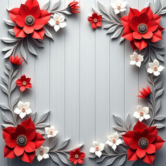 Elegant Floral Frame of Red and White Paper Flowers on Light Gray Wood