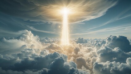 Streaming golden sunlight column piercing extensive cloud formations at high altitude