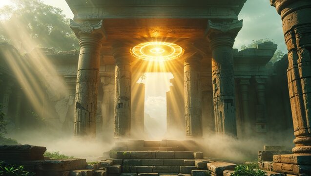 Shining brightly, glowing portal disc illuminating mist in forest clearing, with carved columns - Powered by Adobe