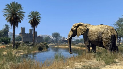 Fototapeta premium Elephant near a calm river with palm trees and a building in the distance on a sunny day