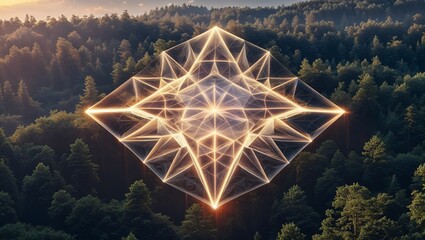 Hovering wireframe fractal polyhedron glowing above pine canopy at dusk, with glowing vertices