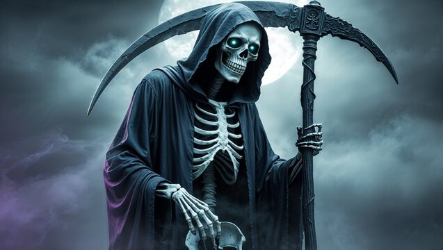 Standing hooded skeletal figure holding ornate scythe and skull under full moon night sky, with fog - Powered by Adobe