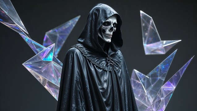 Standing hooded skeletal figure wearing black cloak in dark studio, with floating prismatic shards - Powered by Adobe