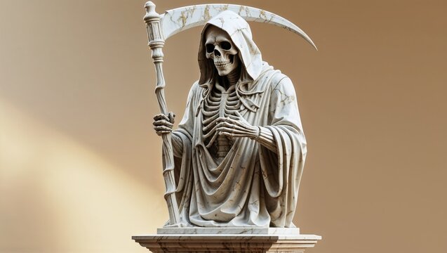 Displaying marble grim reaper statue with hooded robe on pedestal in gallery, showcasing scythe