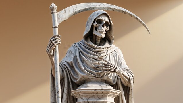 Standing marble statue hooded skeletal figure holding marble scythe in gallery, with stone pedestal - Powered by Adobe