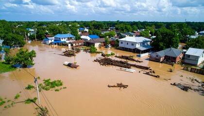 Flooded Residential Area During Daylight Shows Widespread Water Damage and Debris