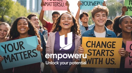 Group of diverse teenagers smiling and holding placards with motivational slogans in an outdoor protest or youth rally, adolescence, photography, teenager, people, multiracial group
