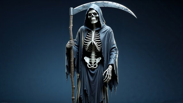 Standing skeletal reaper wearing tattered hooded cloak in digital studio, with scythe