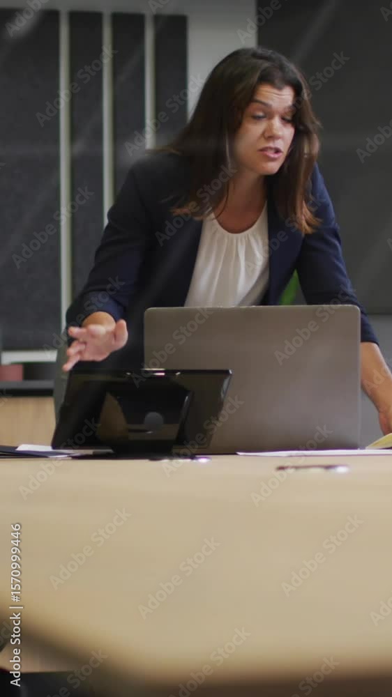 Poster animation of world map and data processing over business people using laptop