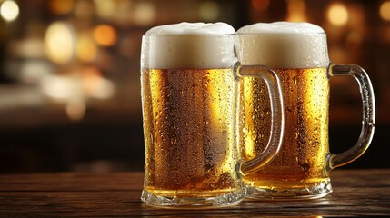 Two frothy beer mugs sit on a wooden bar surface