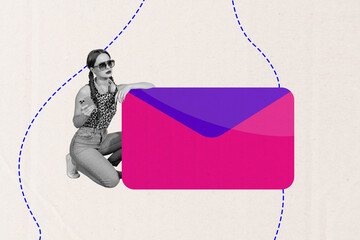 3d zine full image art collage of happy hipster girl hold phone sit letter communication mail...