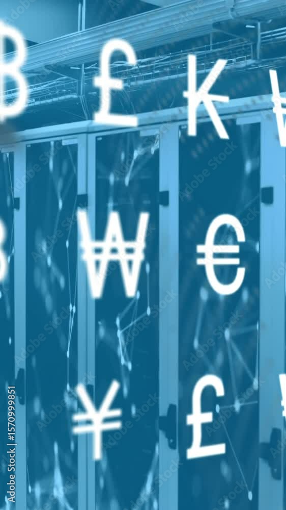Poster animation of financial currency signs and data processing over computer servers