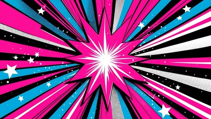Explosive starburst background with pink blue and black rays and white stars