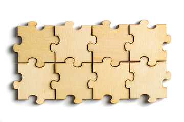 Wooden jigsaw puzzle pieces isolated on white background.