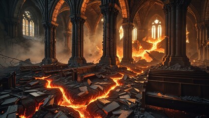 Flowing molten lava cutting through ruined cathedral floor, with broken pews, stained-glass windows