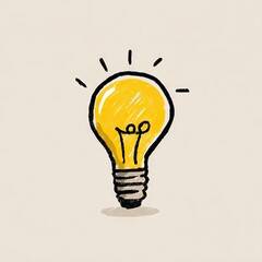 Hand-drawn yellow lightbulb with radiating lines, textured shading, and a simple filament, set against a muted beige background