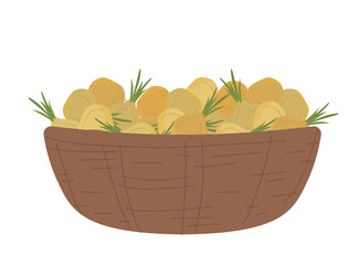 Vector illustration of a basket filled with onions. The simple design highlights rustic abundance, perfect for autumn themes or food-related projects.