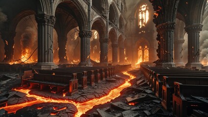 Flowing molten lava stream winding down cathedral nave with burnt pews arches and rising smoke