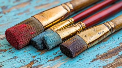 Used paintbrushes sit atop distressed turquoise wood