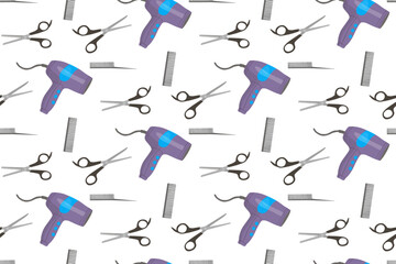 Colorful seamless pattern of hair salon tools including hair dryers, scissors, and combs in a vector illustration. The repetitive design showcases essential hair styling equipment.