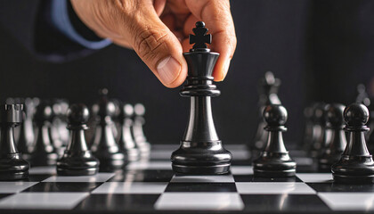 Hand Holding Black Chess King on Board