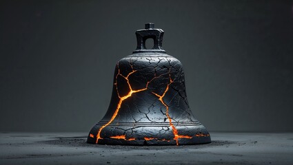 Radiating bell shape sculpture revealing glowing orange fissures in studio, with scattered debris
