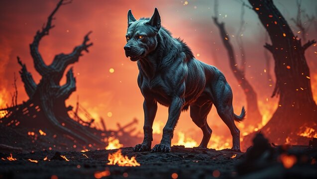 Standing dark wolf-like canine surveying scorched ground in charred forest, with floating embers