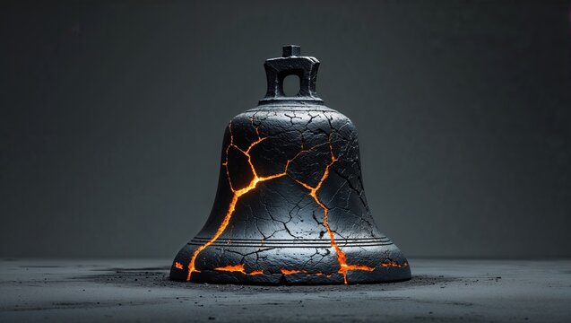 Radiating bell shape sculpture revealing glowing orange fissures in studio, with scattered debris