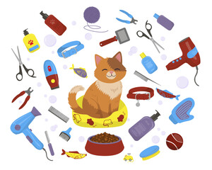 A cheerful cat sits surrounded by various grooming and pet care tools, including brushes, collars, and shampoos. Perfect for highlighting pet care themes in vector illustration.