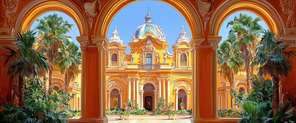 Obraz premium Ornate palace seen through arches, with palm trees and greenery surrounding courtyard