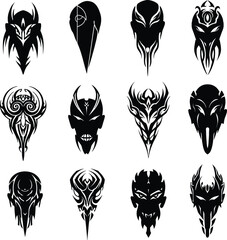 Fototapeta premium Tribal Mask & Abstract Tattoo Designs: Set of Black Silhouette Face & Head Art for Ethnic, Fantasy, and Artistic Concepts – Decorative, Spiritual, Ancient, Mystical Vector Collection.