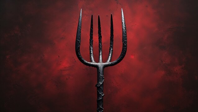 Standing five-pronged blackened metal pitchfork showing texture on red backdrop, dramatic lighting - Powered by Adobe