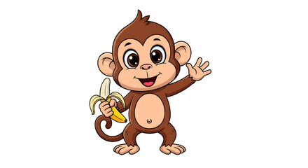 Cheerful Cartoon Monkey Waving with Banana Vector Art   isolated on transparent background    Smiling Monkey Waving 