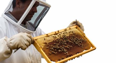 Beekeeper Inspecting Honeycomb Frame isolated on transparent background  Protective Suit Beekeeper Examining Honeycomb – Close-Up Detail