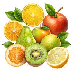 Realistic fruits set with orange apple banana and grapes isolated on white for healthy food visuals
