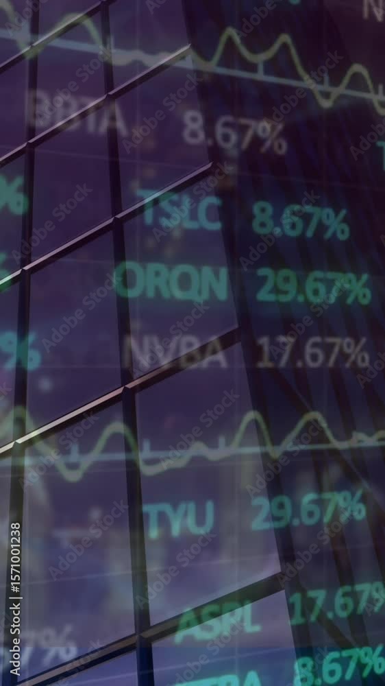 Poster animation of financial data processing over modern office building