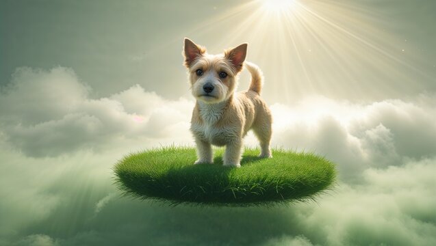 Balancing light-brown terrier puppy standing alert on floating grass island above clouds, sun rays - Powered by Adobe