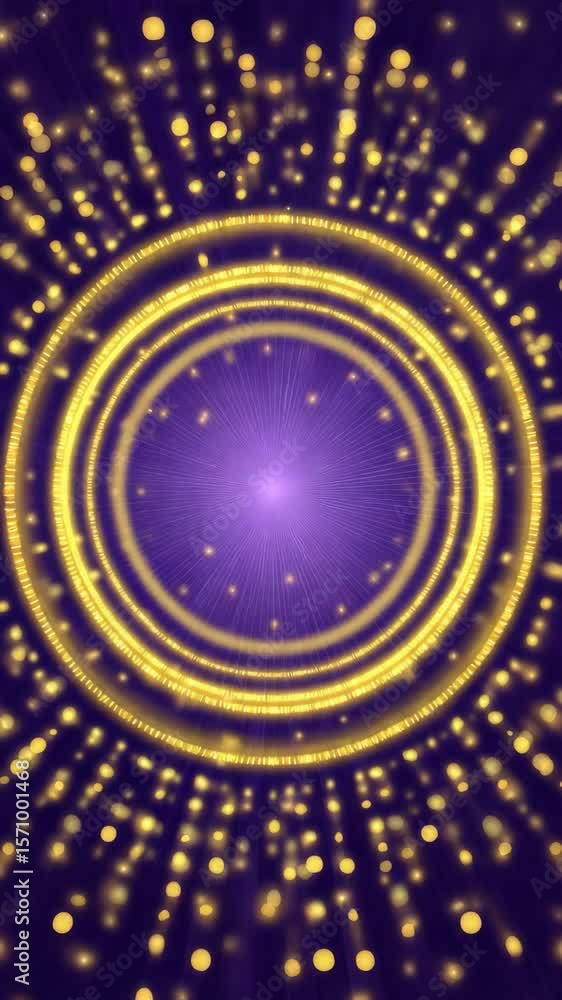 Poster dynamic circular patterns with glowing golden particles on dark purple background